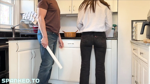Strict Discipline In The Kitchen As He Prepares To Spank His Young Wife